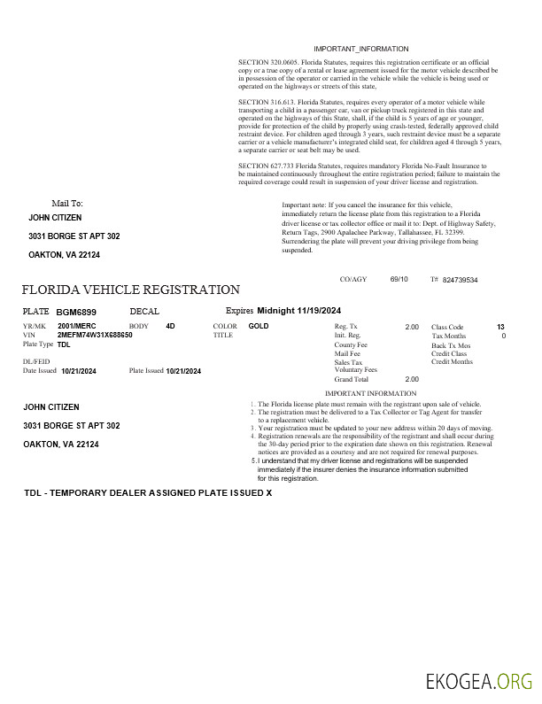Modèle d'immatriculation de véhicule aux États Unis et en Floride aux formats Word et PDF